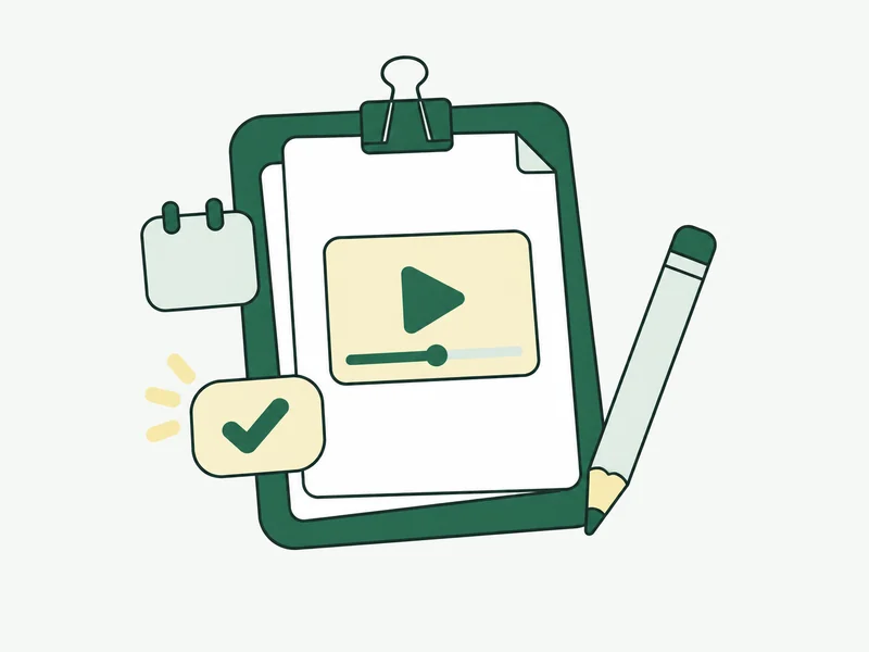 A campaign clipboard with a video deliverable, calendar, pencil, and approved brief.